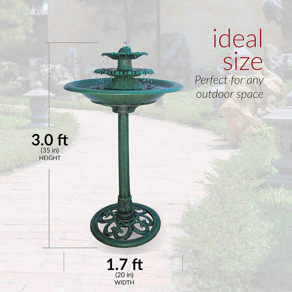 35" Tall Outdoor 3-Tiered Pedestal Water Fountain and Birdbath, Green