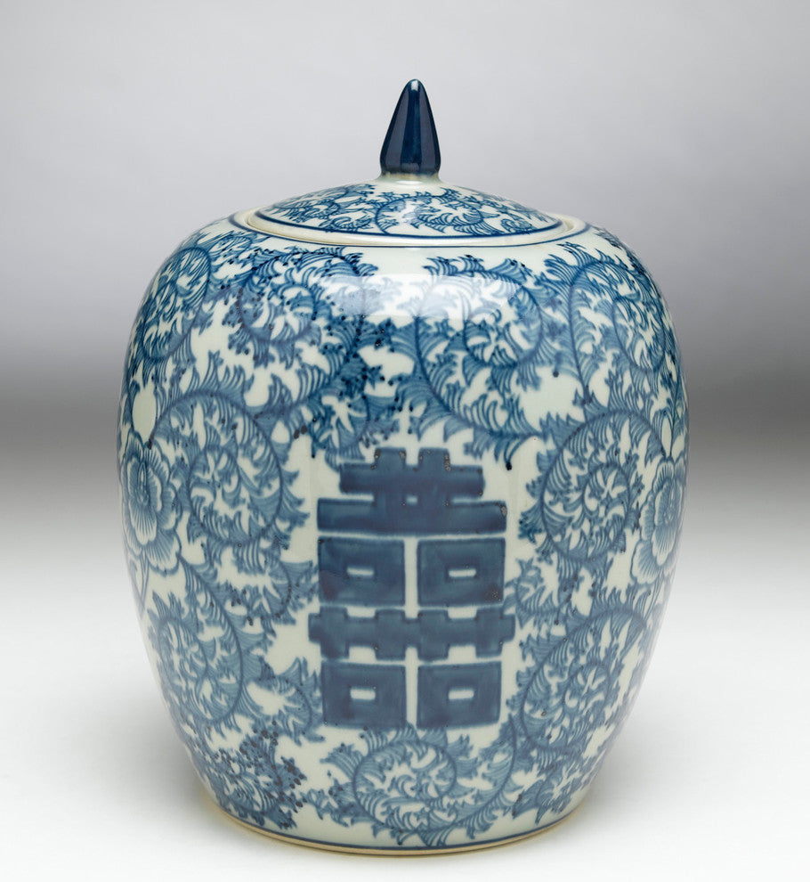 Blue and White Round Jar With Lid