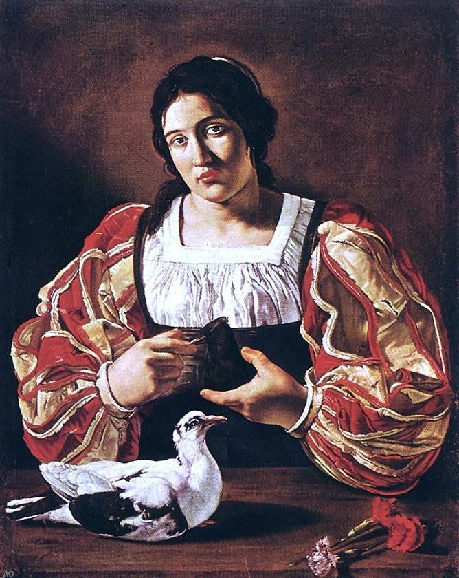 Cecco Del caravaggio Woman with a Dove - 20" x 25" Premium Canvas Print