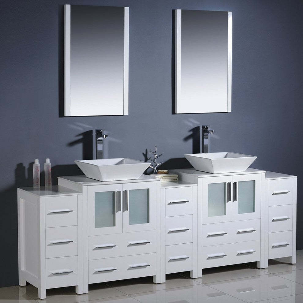 Torino 84" White Modern Double Sink Bathroom Vanity, Faucet FFT9152BN