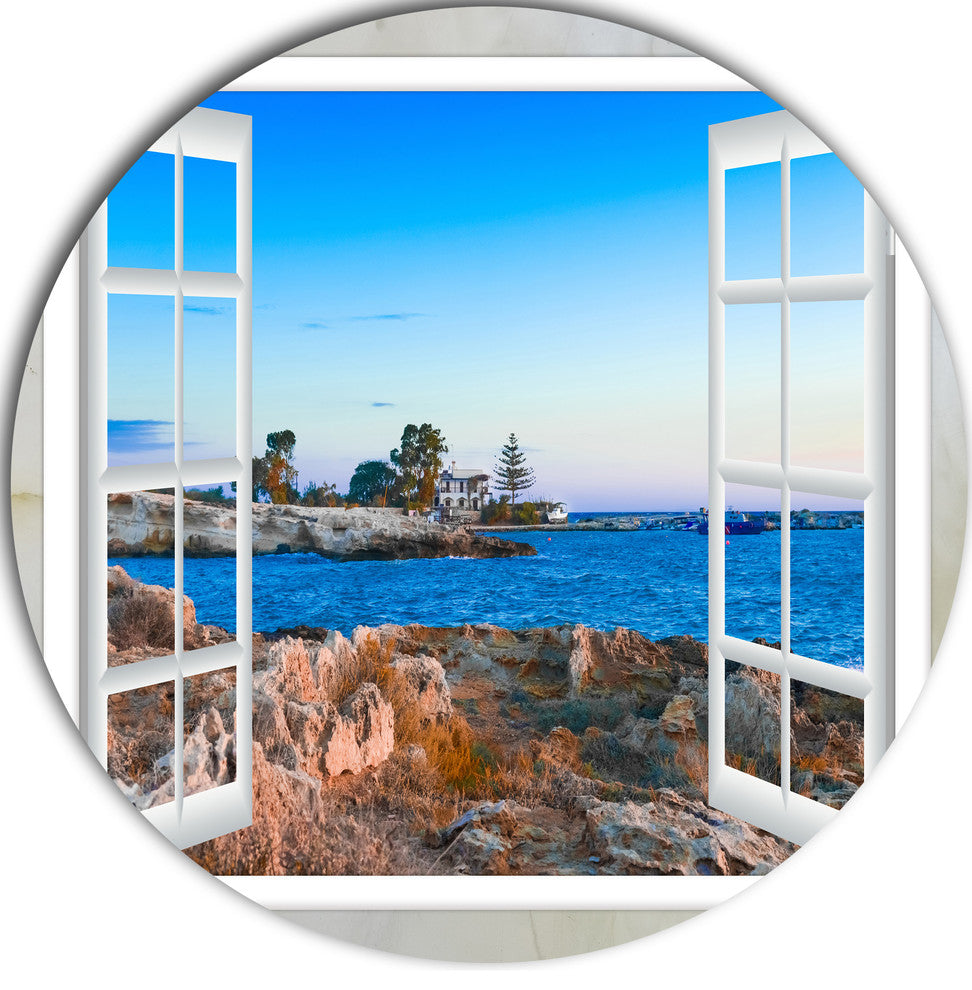 Open Window To Blue Seashore, Landscape Disc Metal Artwork, 23"
