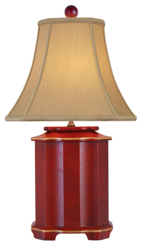Chinese Red Lacquer Wooden Pagoda Style Table Lamp 25"