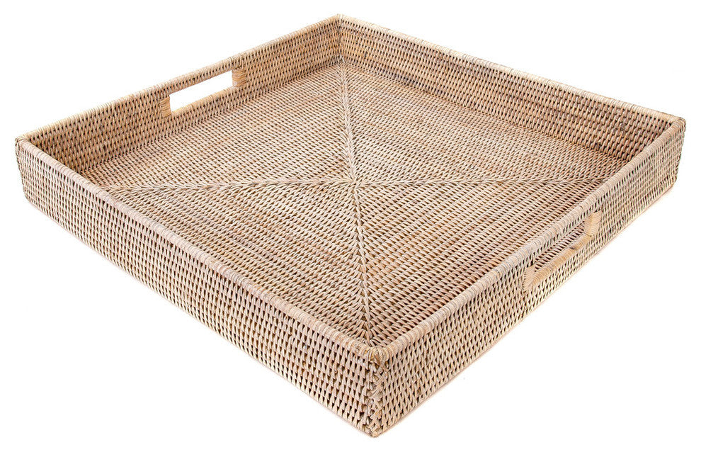 Artifacts Rattan™ Square Ottoman Tray with Cutout Handles, White Wash, 24"x24"