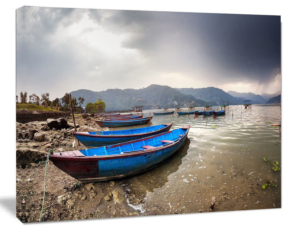 Blue Boats in Pokhara Lake, Boat Canvas Art Print, 20"x12"