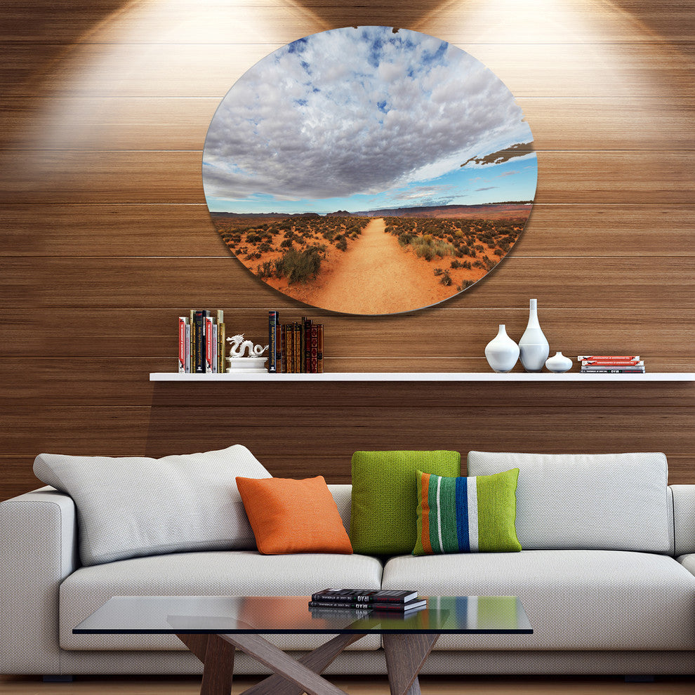 Desert Road Under Bright Cloudy Sky, African Disc Metal Wall Art, 11"