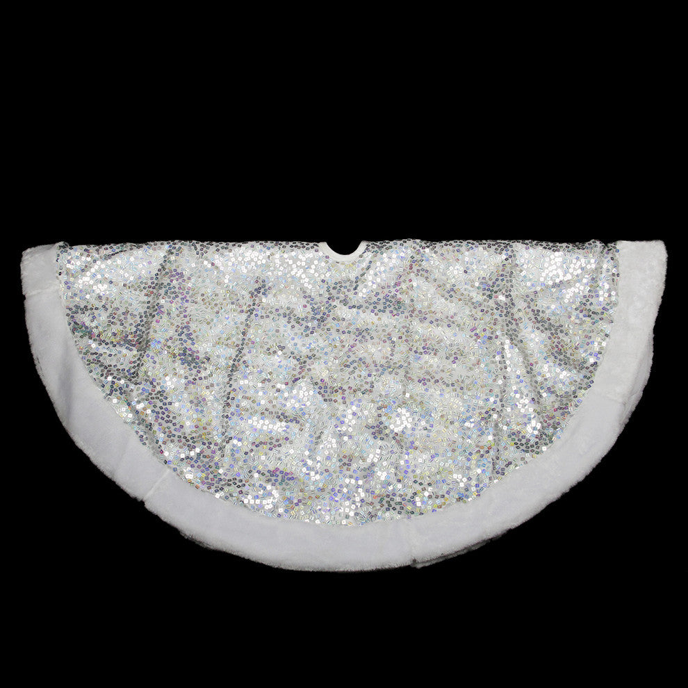 48" White Hologram Sequined Faux Fur Bordered Tree Skirt