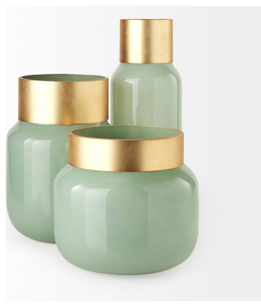 Minty Green Glass With Gold Metal Top Vase, 10"
