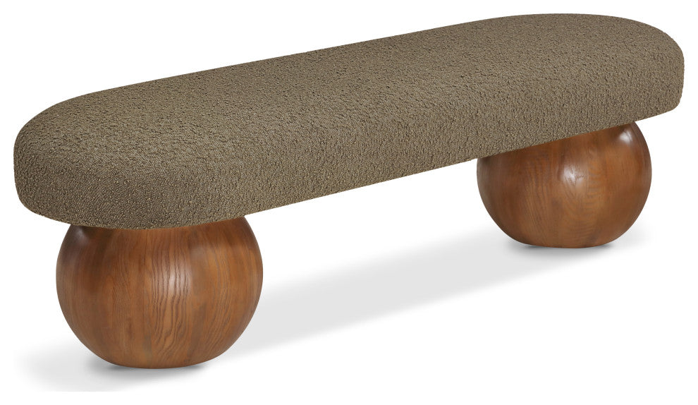 Meridian Furniture Bowie Boucle Fabric Upholstered Bench, Olive, Brown Finish