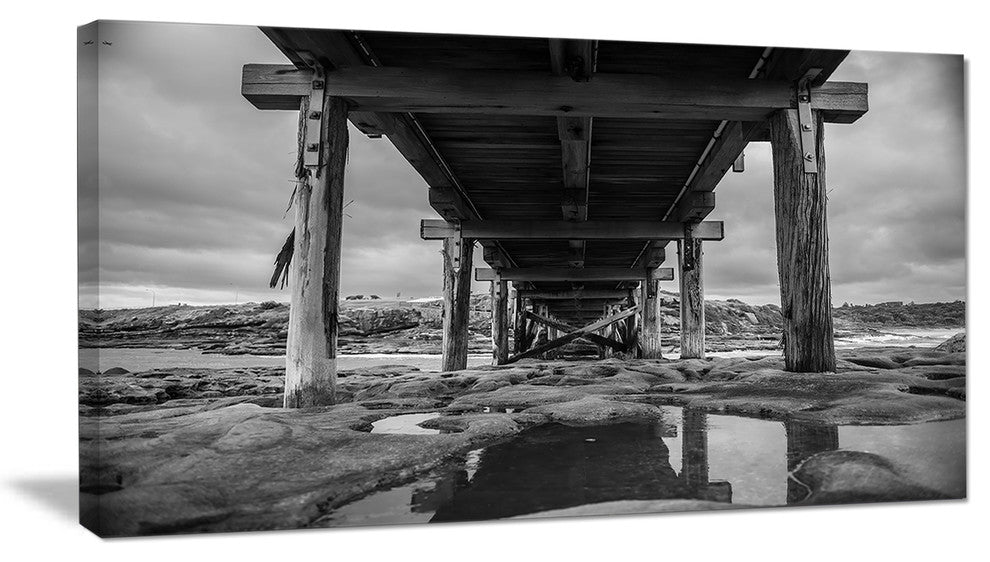 "Black and White Large Wooden Bridge" Sea Bridge Canvas Wall Artwork, 40"x20"