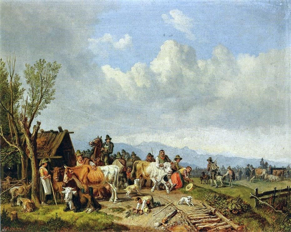 Heinrich Burkel The Village Cattle Market - 20" x 25" Premium Canvas Print
