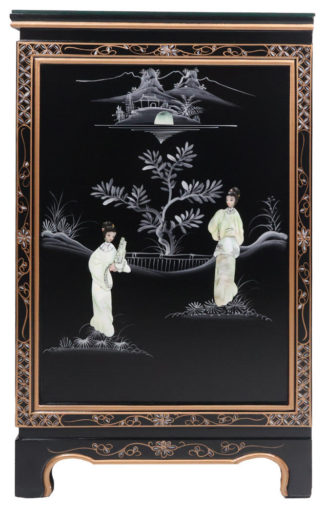 Shiny Black and Pearl Inlaid Oriental Dresser With 4 Drawers
