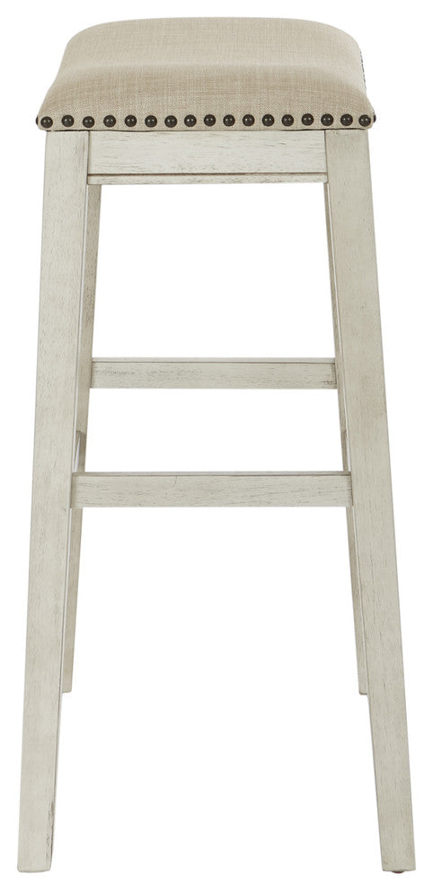 Saddle Stool 30", Beige Fabric and Antique White Base, Set of 2