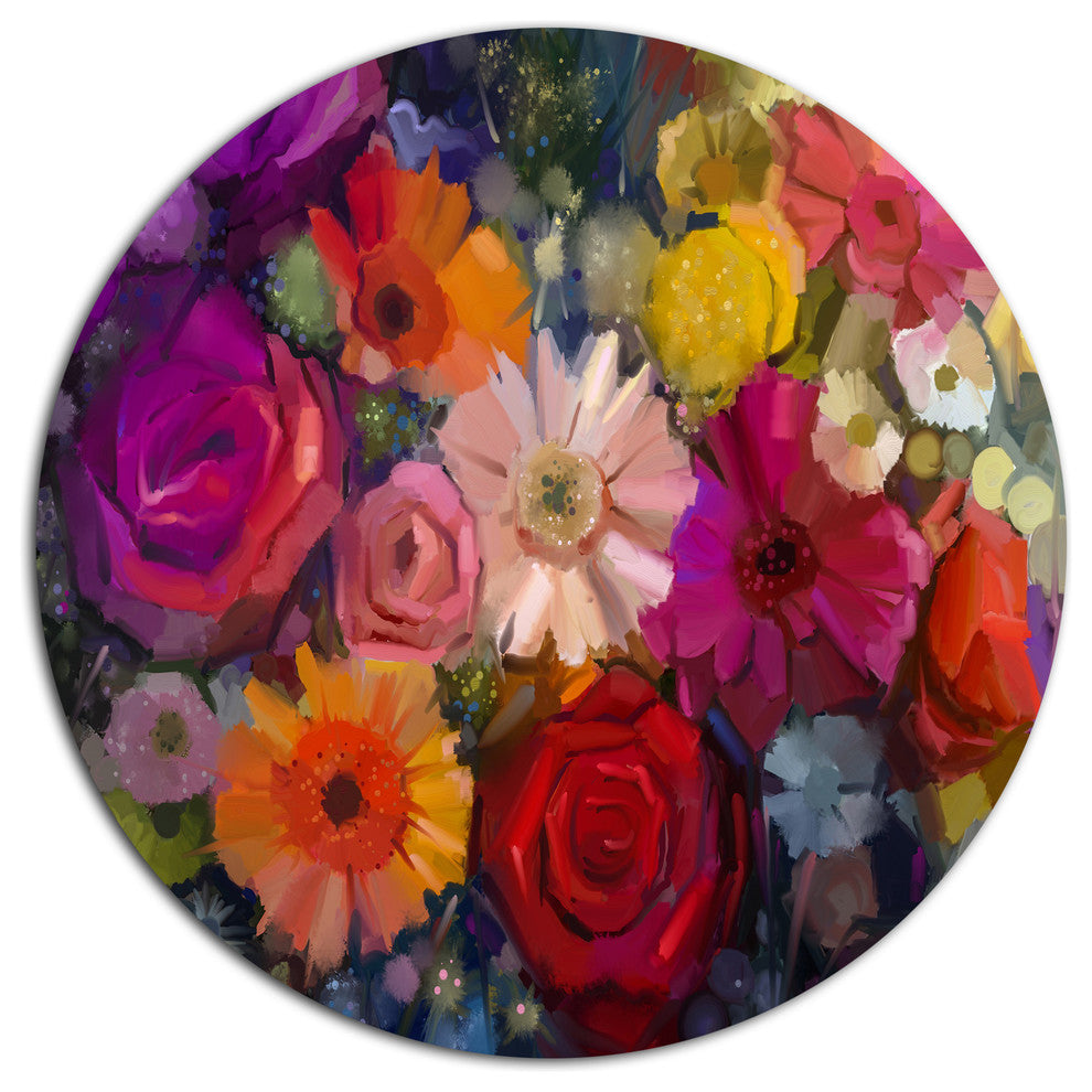 Bouquet Of Rose Daisy And Gerbera, Floral Round Metal Wall Art, 23"