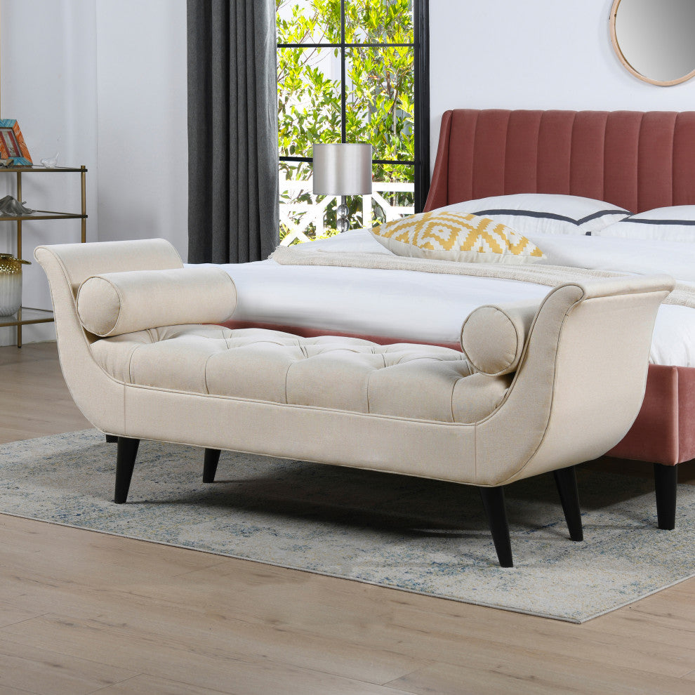 Alma 65" Tufted Entryway Bench With Bolster Pillows, Sky Neutral Beige Polyester