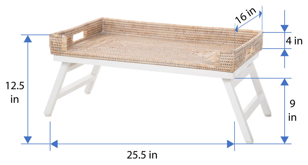 La Jolla Rattan Breakfast Tray With Foldable Legs, White Wash