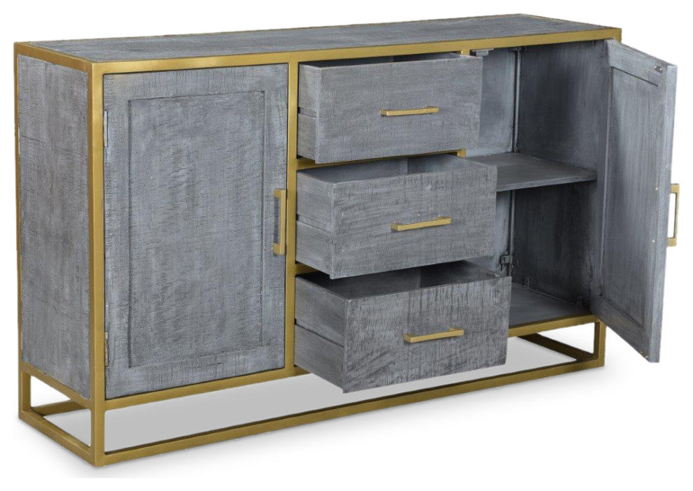 Raven Grey Mango Wood Dining Side board With Gold Iron