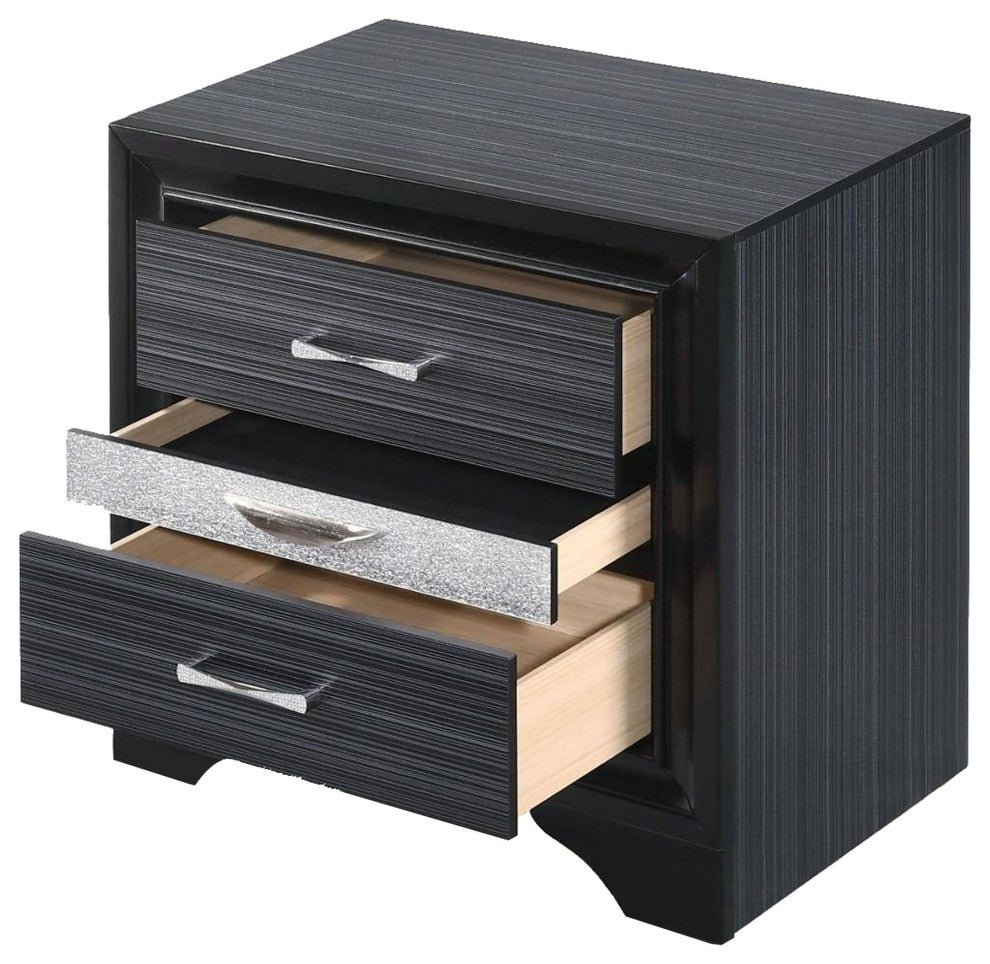 Two Tone Wooden Nightstand With Three Drawers, Black And Silver