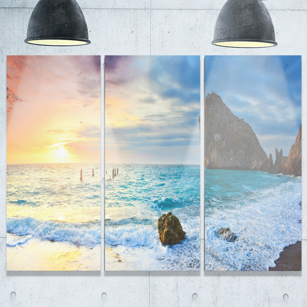 "Vibrant Morning Sea With Yellow Sun" Metal Wall Art, 3 Panels, 36"x28"