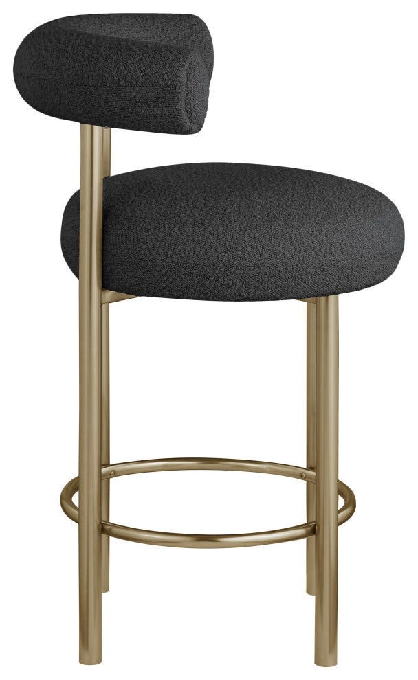 Bordeaux Upholstered Stool, Black, Boucle Fabric, Brushed Brass, Set of 2