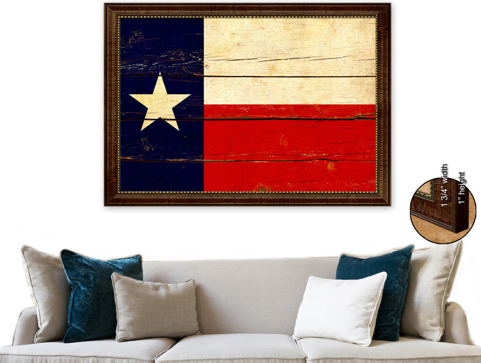 Texas State Vintage Flag Print With Brown Gold Frame, 19"X27"