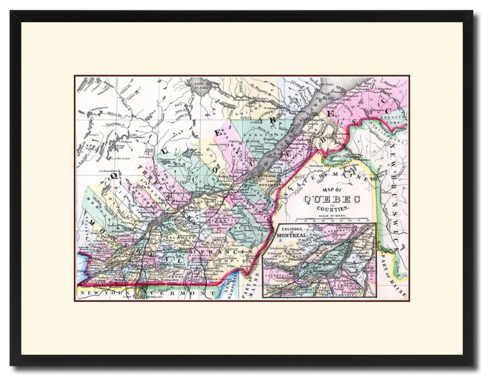 Quebec, Montreal Vintage Map Print On Canvas With Picture Frame 16" X 21"