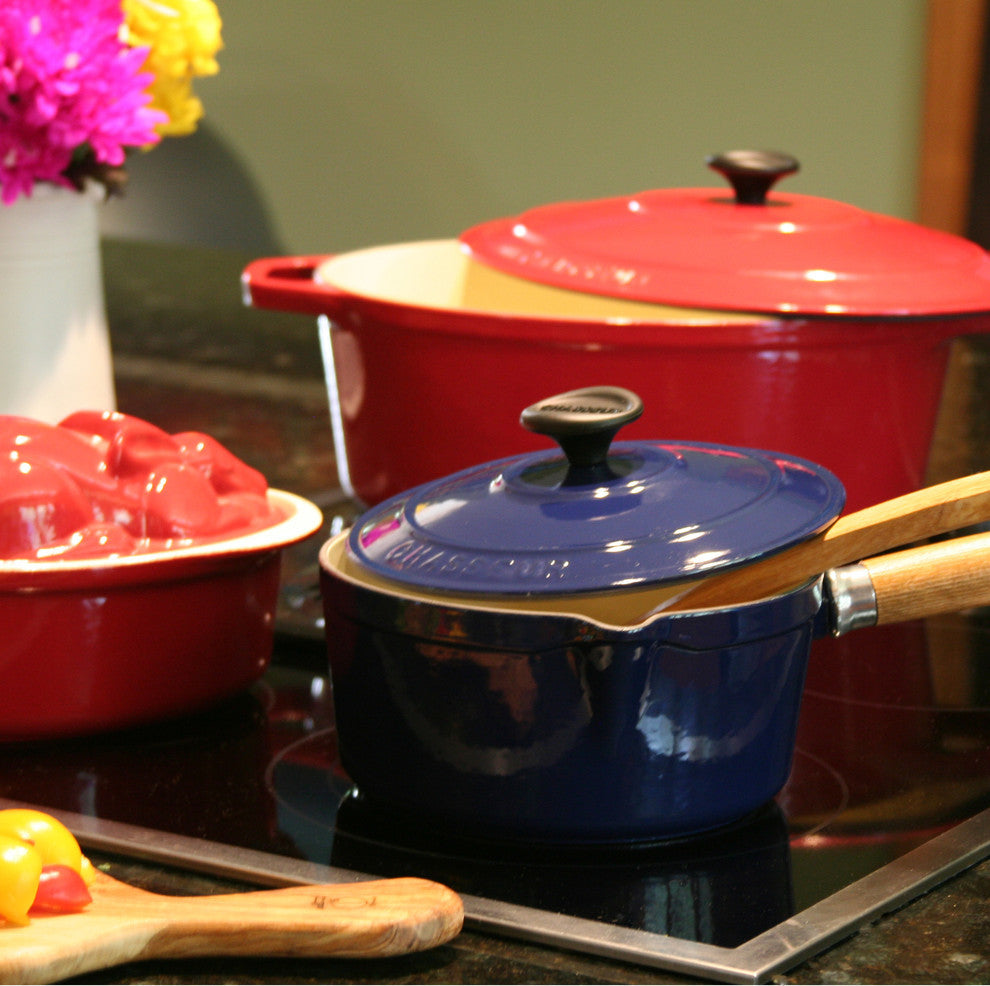 Chasseur 2.5-quart French Enameled Cast Iron Saucepan With Wooden Handle, Red