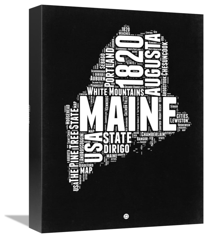 "Maine Black and White Map" Fine Art Print