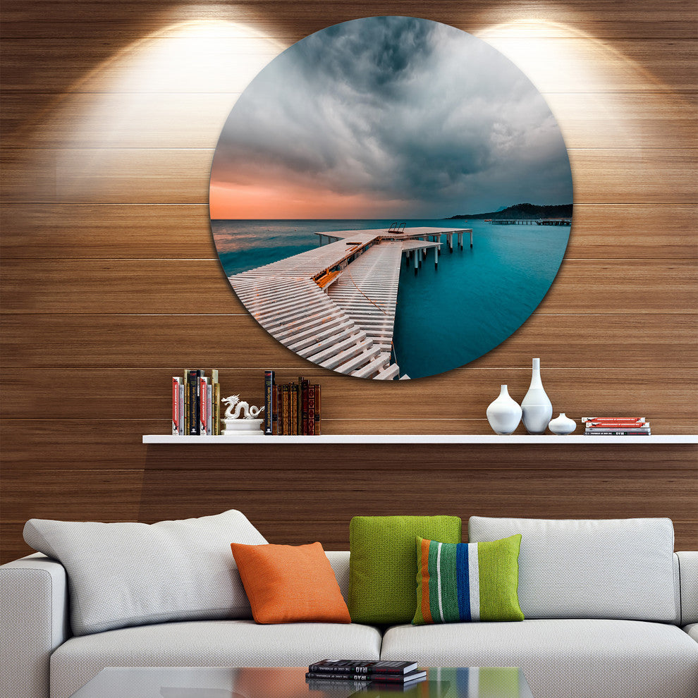 Pier In Ocean In Cloudy Day, Seashore Photo Disc Metal Wall Art, 36"
