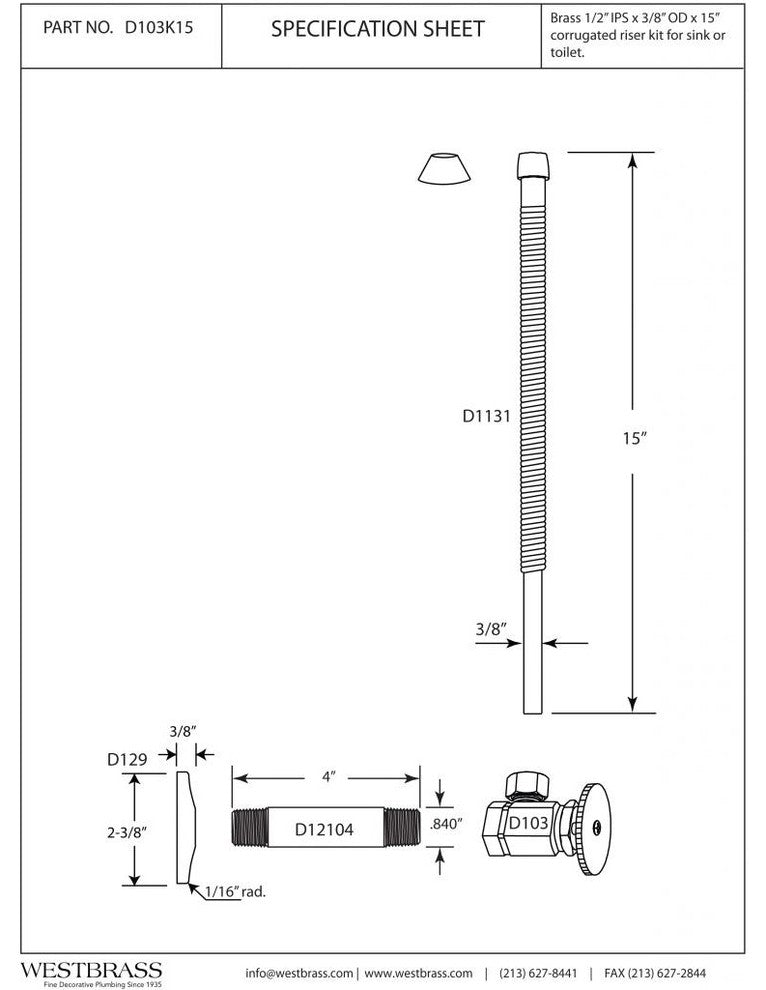 Supply Kit - 1/2" Ips X 3/8" Od X 15" Corrugated In Polished Chrome