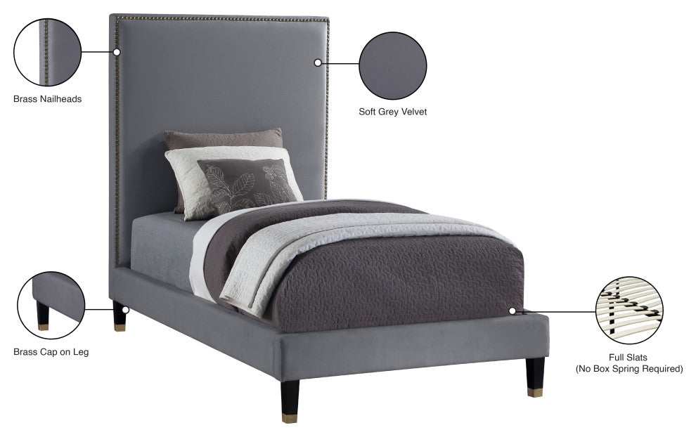 Harlie Velvet Upholstered Bed, Gray, Twin
