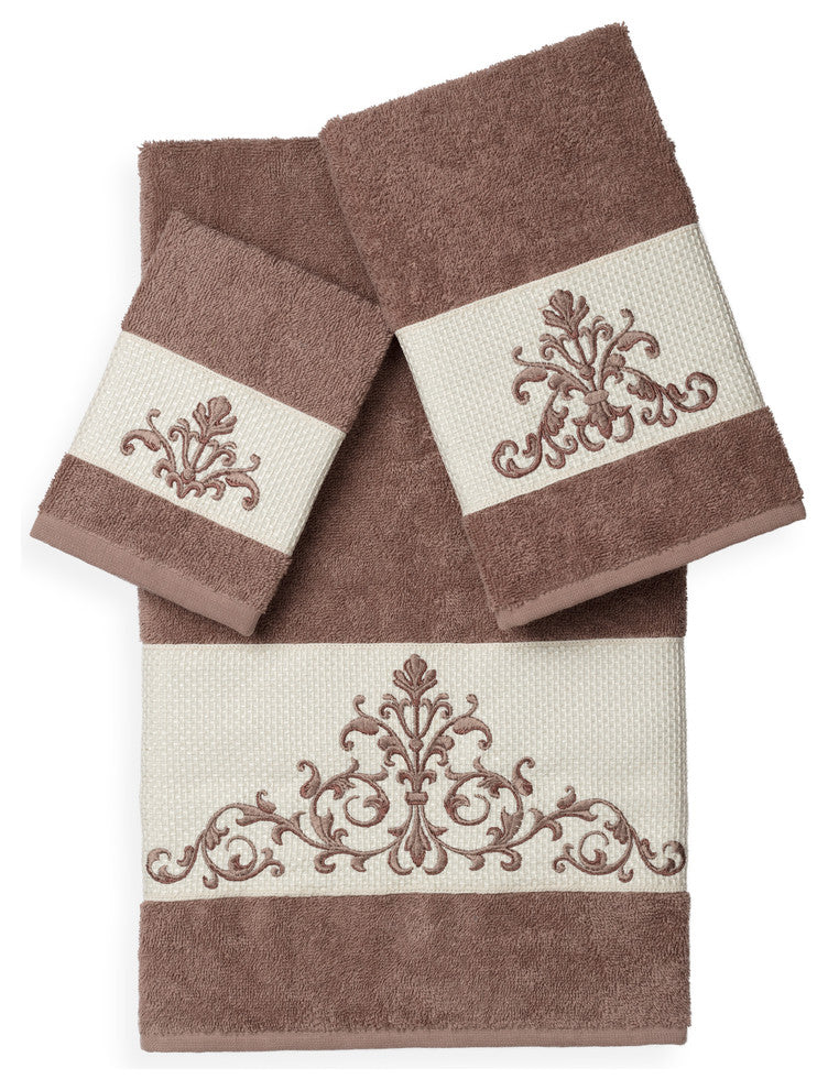 Linum Home Textiles Scarlet 3-Piece Embellished Towel Set, Latte