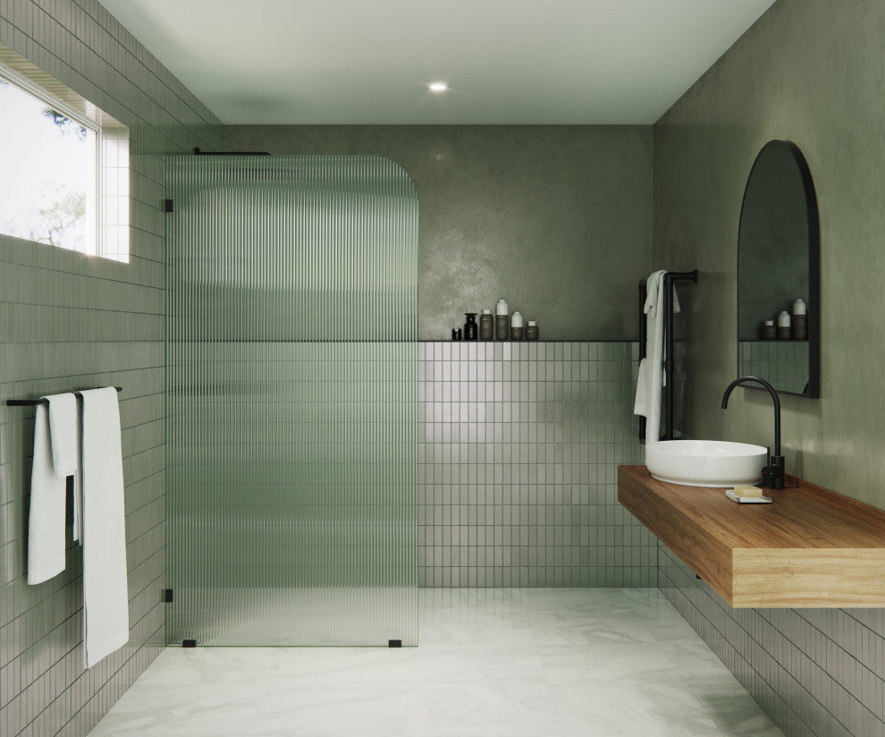 40"x78" Frameless Shower Door, Single Fixed Panel Fluted Radius, Matte Black, 40" Left