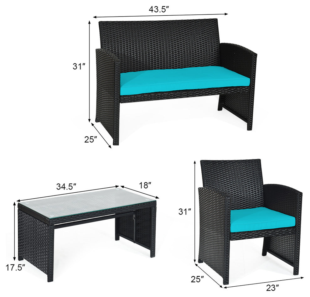 Costway 4PCS Patio Rattan Furniture Conversation Set Cushion Sofa Table Garden