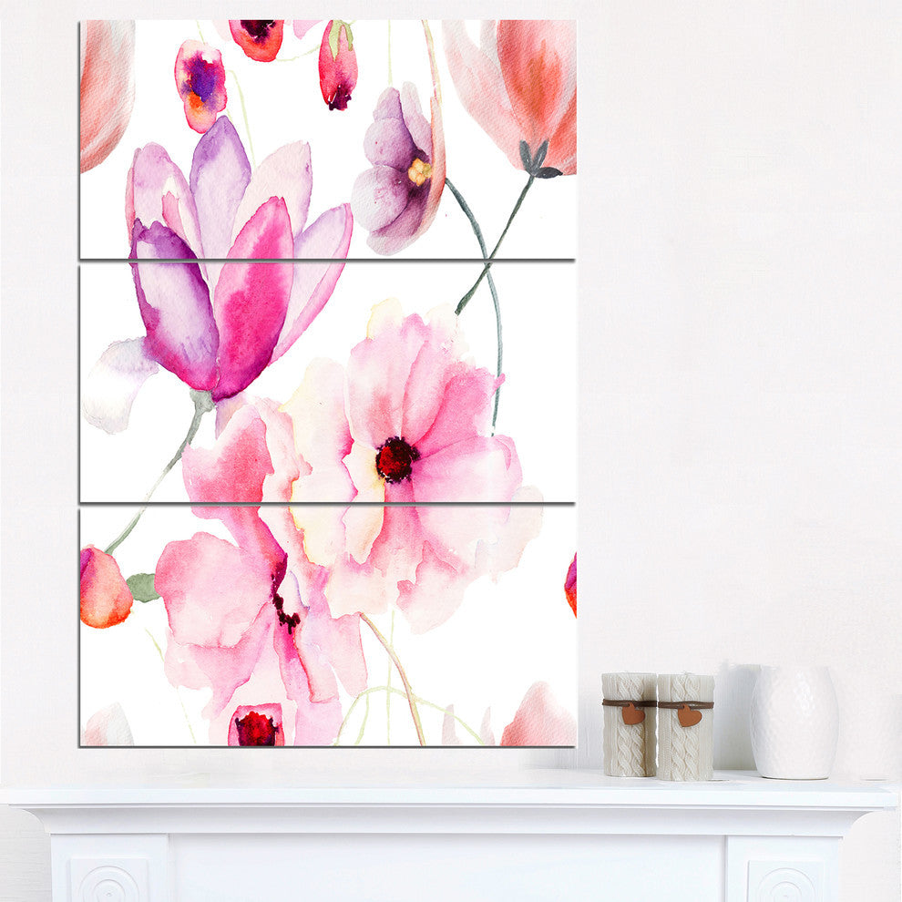 "Seamless Pattern of Pink Flowers" Metal Wall Art, 3 Panels, 28"x36"