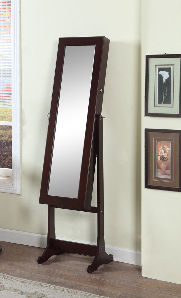 63" Walnut Floor-Standing Mirror and Jewelry Armoire With LED Light
