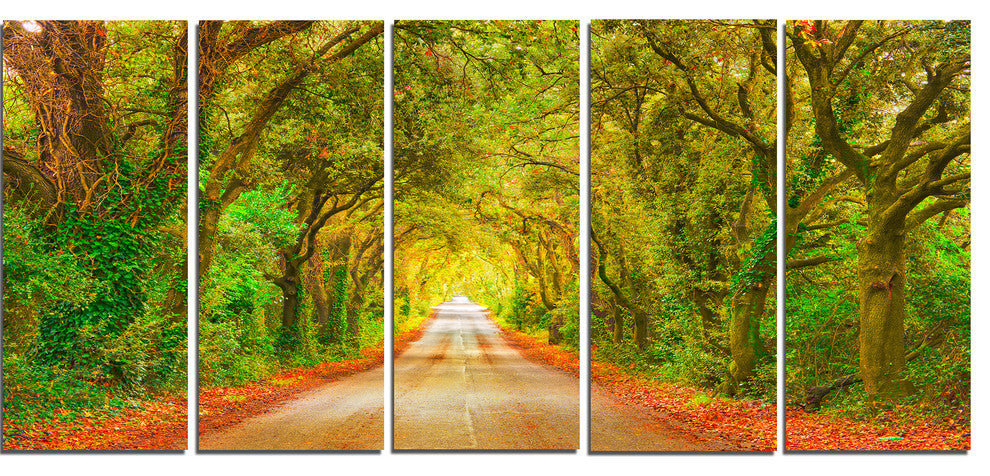 "Fall Greenery And Road Straight Ahead" Forest Wall Art, 5 Panels, 60"x28"