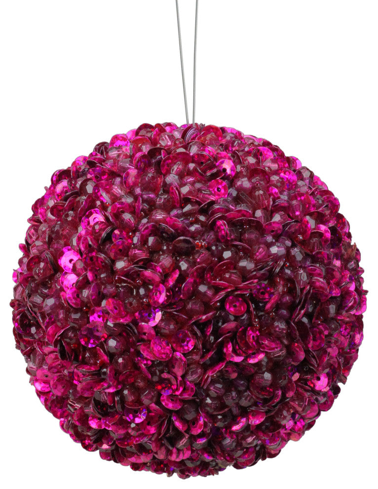 Lavish Fuschia Pink Fully Sequined and Beaded Christmas Ball Ornament, 4.25"