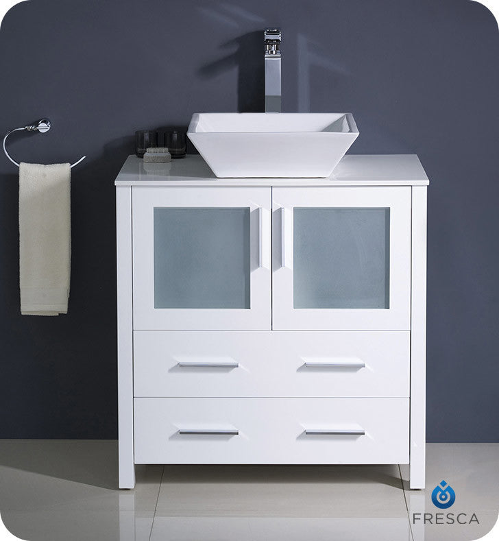Torino 30" Bathroom Cabinet, Base: White, With Top, Vessel Sink