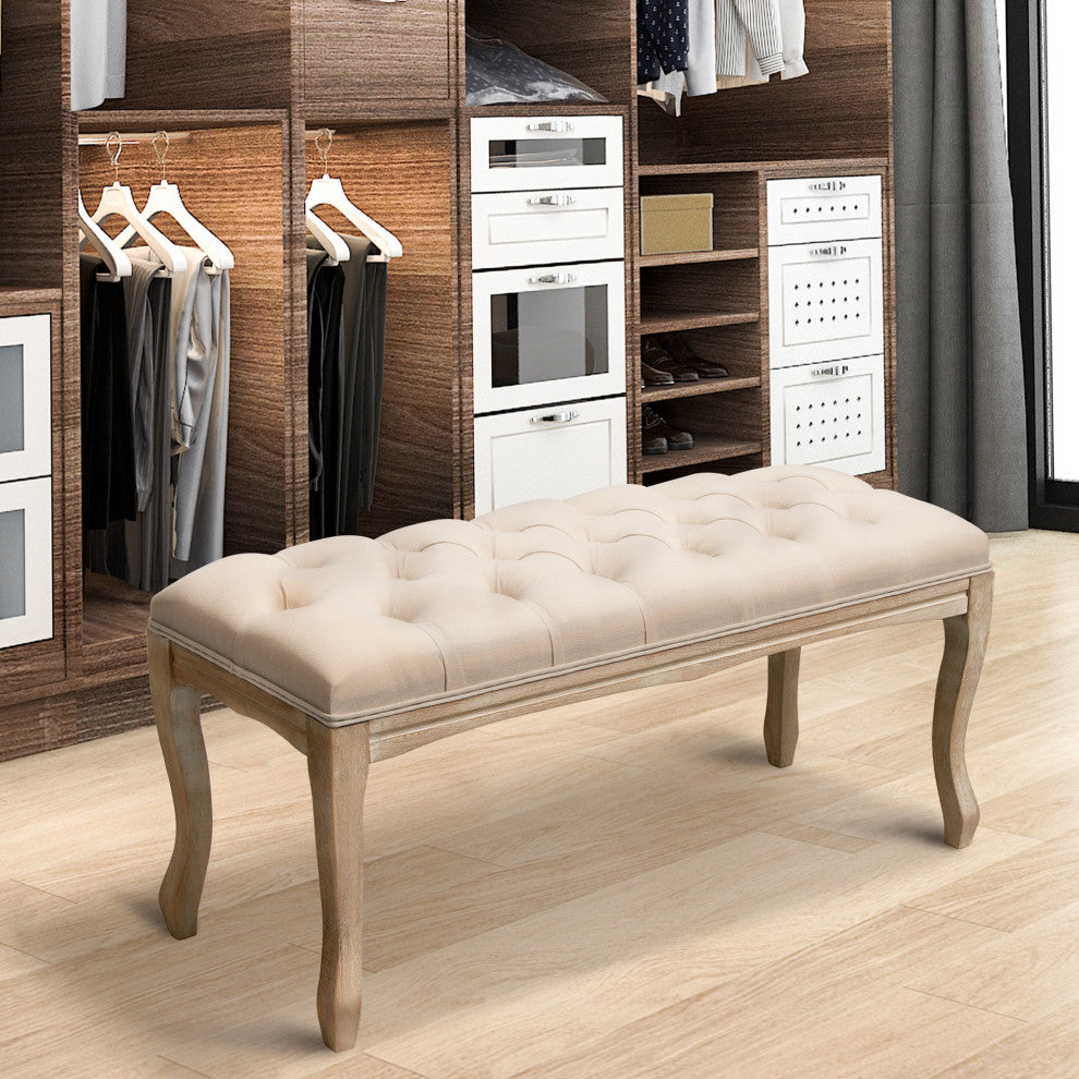 Wood Bench, Upholstered Ottoman, Tufted Bedroom Bench, Beige