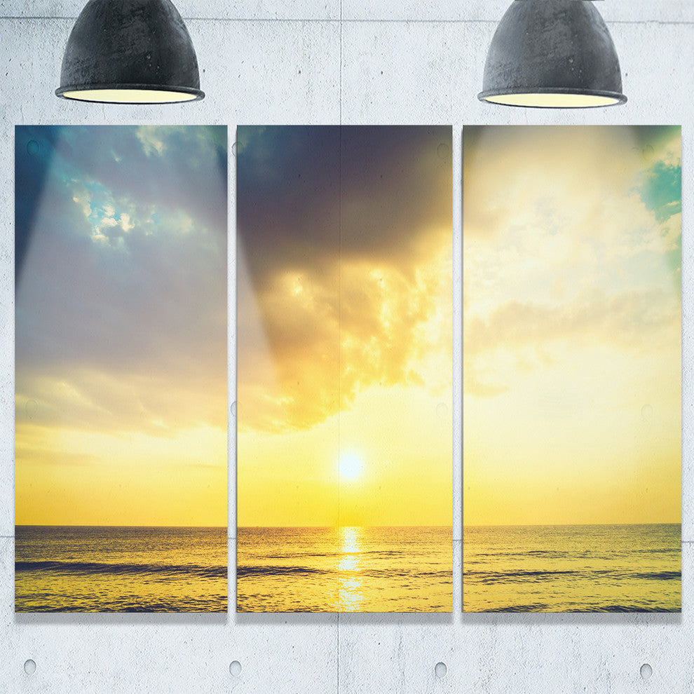 "Yellowish Sky Over Serene Seashore" Metal Wall Art, 3 Panels, 36"x28"
