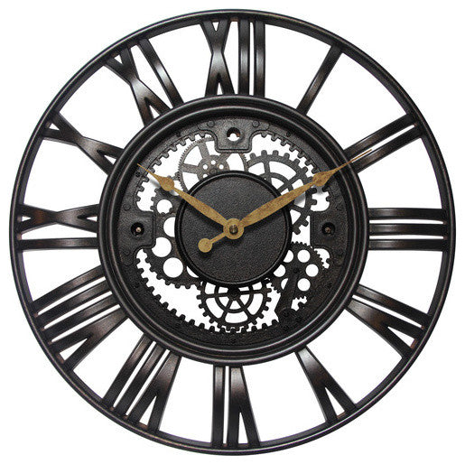 Roman Gear Rustic Iron Clock, 15.5"