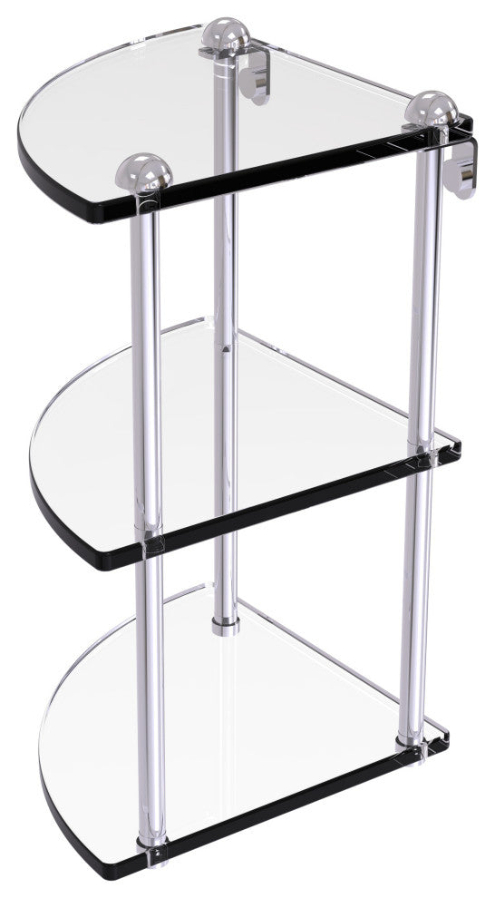 Three Tier Corner Glass Shelf, Polished Chrome