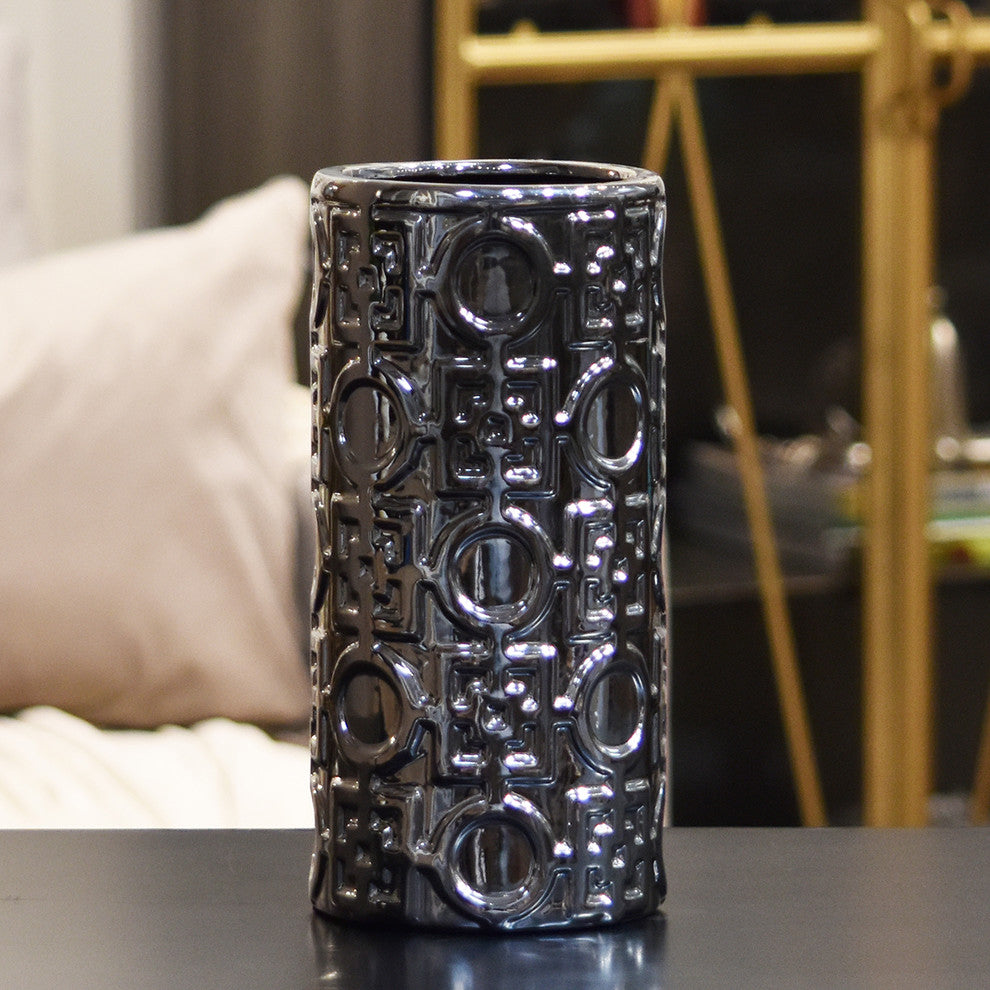 Ceramic Round Cylindrical Vase, Silver, Small
