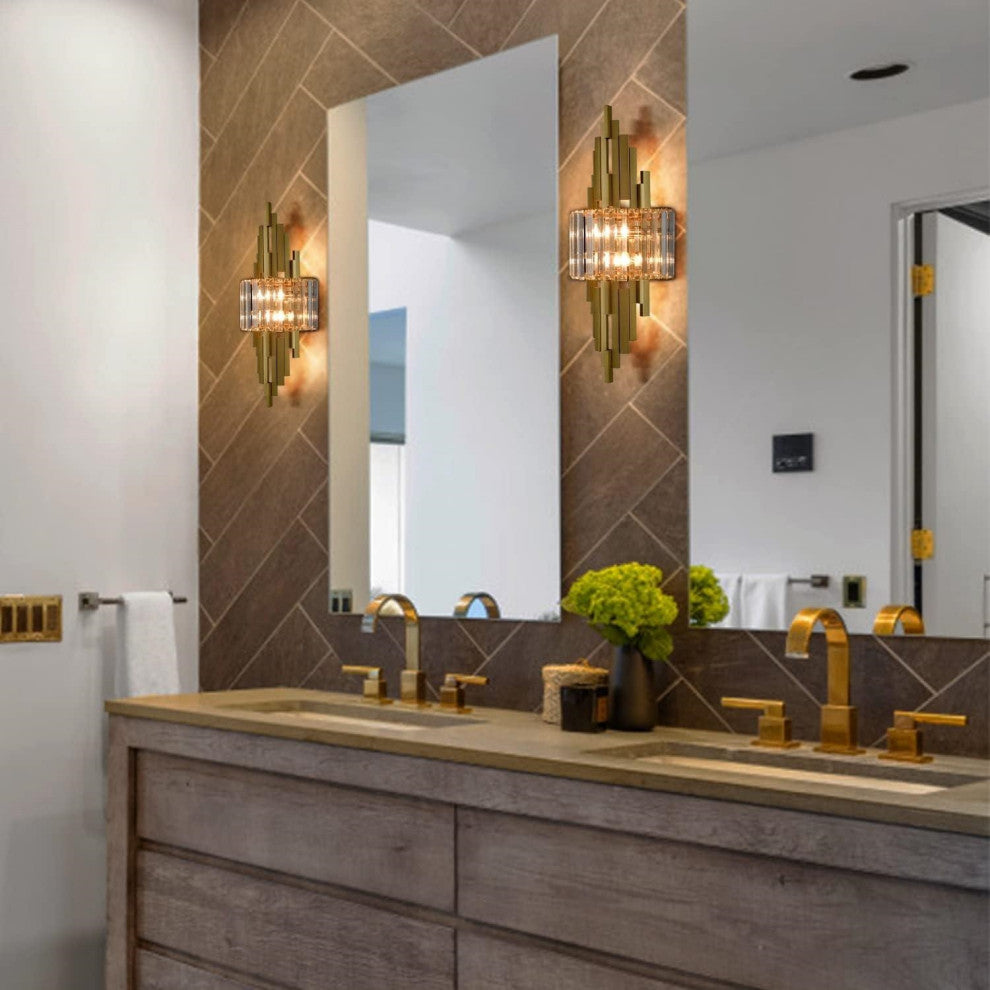 Modern Brass 2-Light Crystal Glass Wall Sconce
