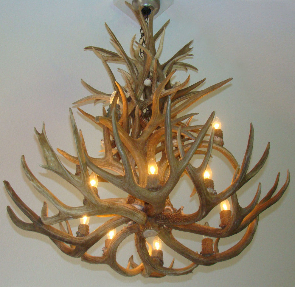 Whitetail, Mule Deer Antler Chandelier Light, Large, Parchment Shades