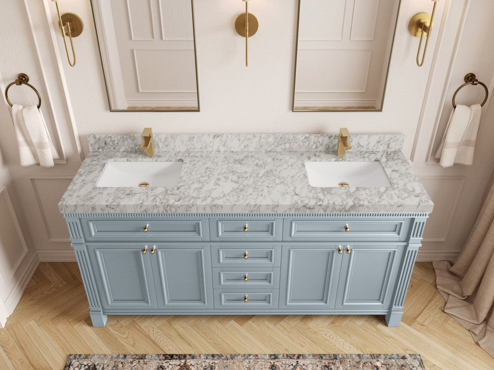 Paris 72" Double Sink Bathroom Vanity, Blue Heather 2" Carrara Marble