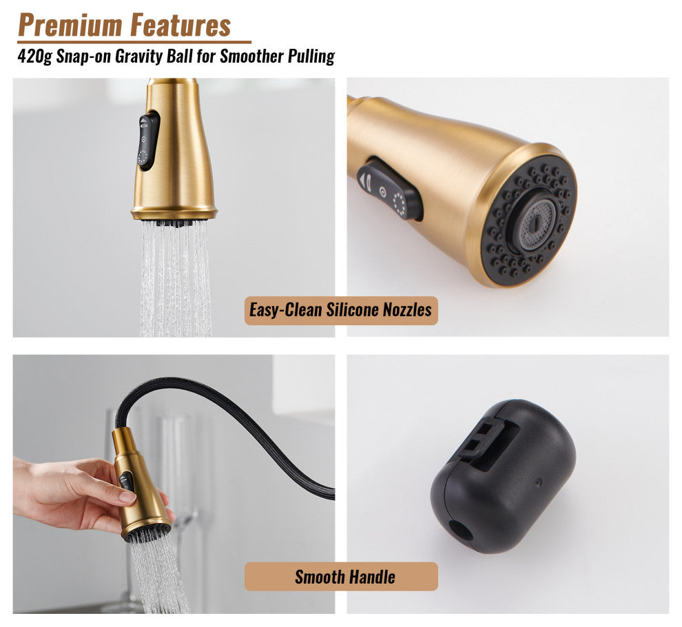 Single Handle Kitchen Faucet Pull-Down Sprayer, 360 Swivel, Three Functions, Brushed Gold