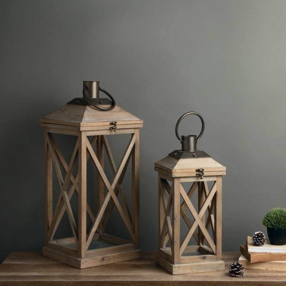 Set of 2 Farmhouse Wooden Lantern, Natural