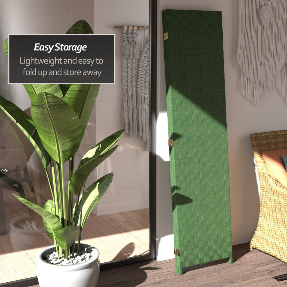 6' Tall Woven Fiber Outdoor All Weather Room Divider, 3 Panel, Green
