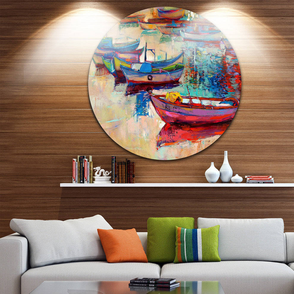 Boats And Ocean, Seascape Painting Round Wall Art, 11"